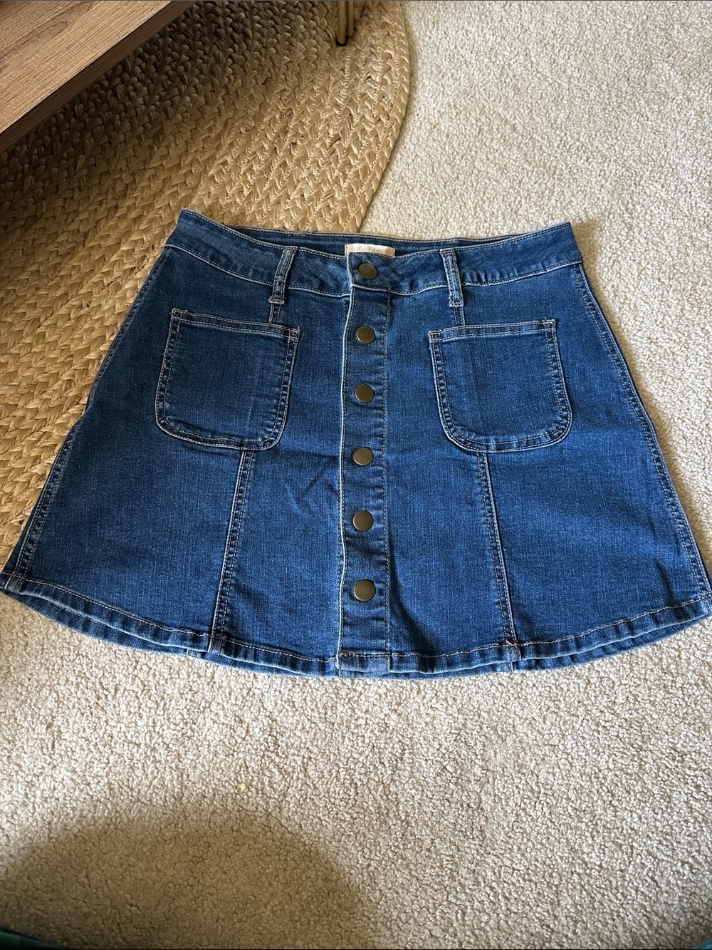 Altar'd State Dark Blue Button-Front Denim A-Line Skirt